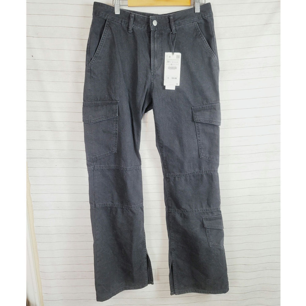 Zara Black Wide-Leg Flare Cargo Jeans